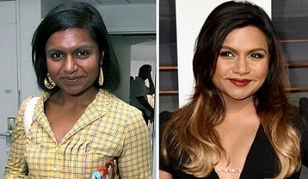 A before and after picture of Mindy Kaling's changing skin color.
